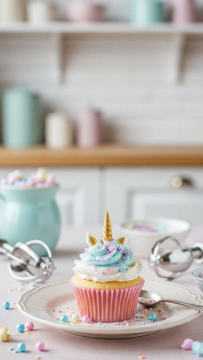 Pastel-Colored Cupcake With Edible Glitter And Unicorn Horn On Vintage Ceramic Plate Surrounded By Baking Tools And Sprinkles