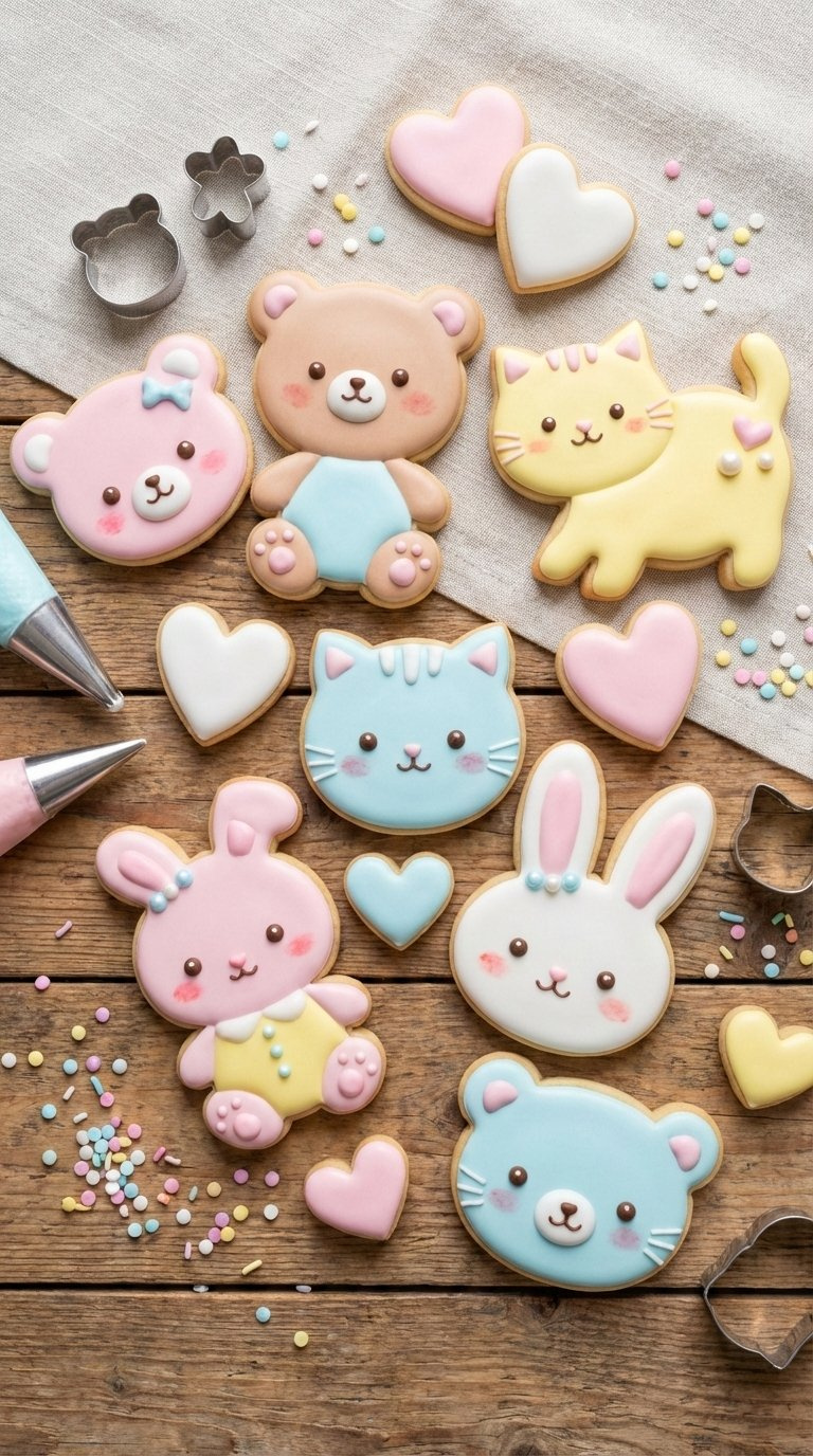 Pastel-Decorated Kawaii Animal Sugar Cookies With Royal Icing On Rustic Wooden Table Flat Lay