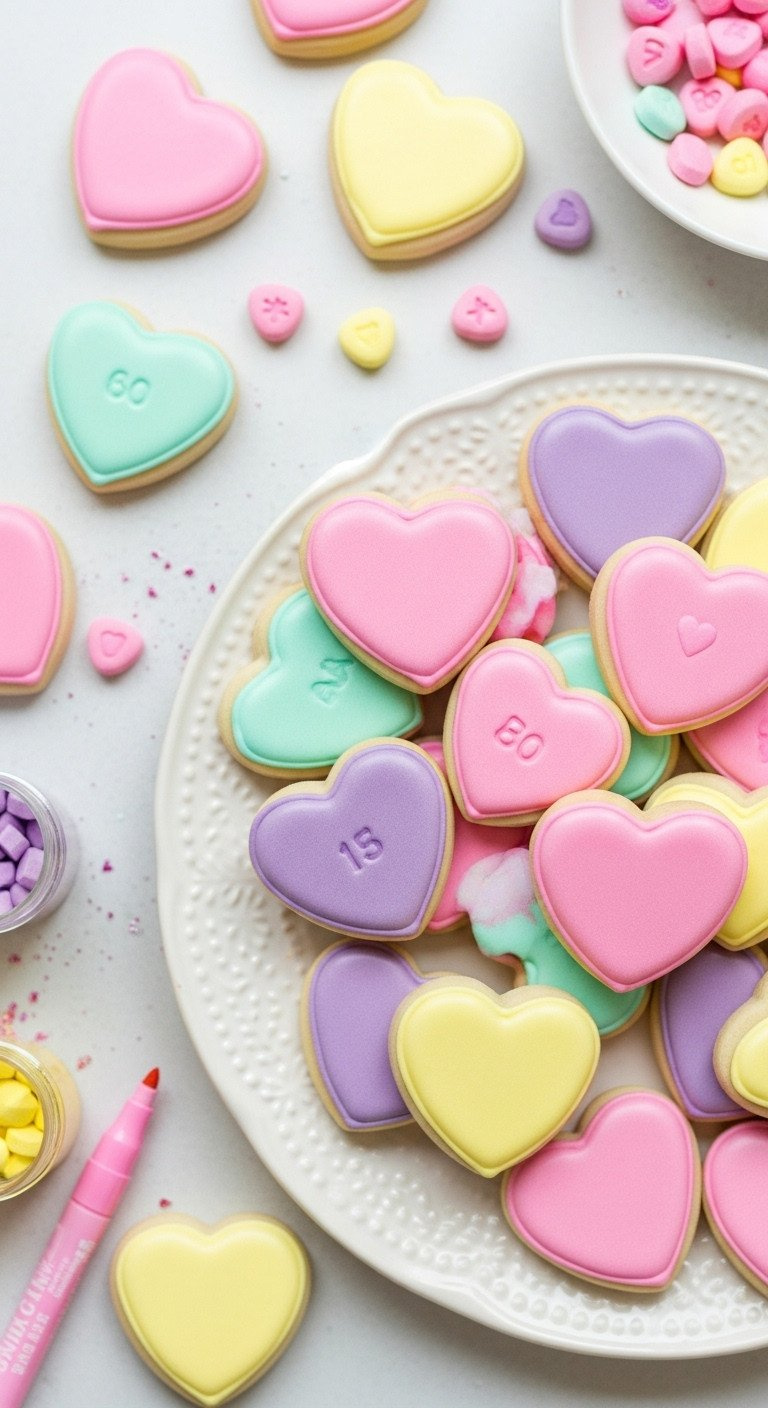 Pastel Heart-Shaped Sugar Cookies With Smooth Frosting, Reminiscent Of Conversation Hearts, On A Clean White Platter.