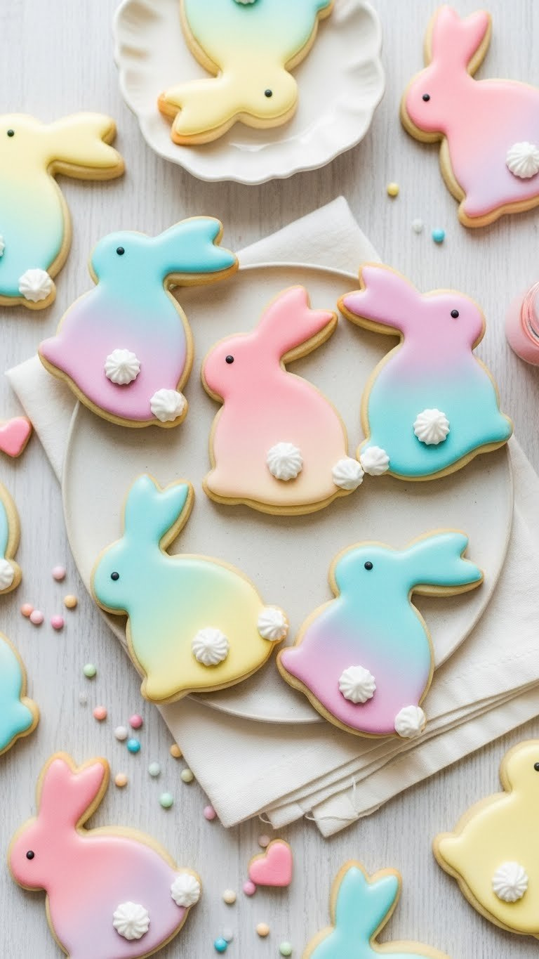 Pastel Ombre Bunny-Shaped Sugar Cookies With Smooth Frosting Arranged On White Linen Napkin With Colorful Sprinkles Scattered Around