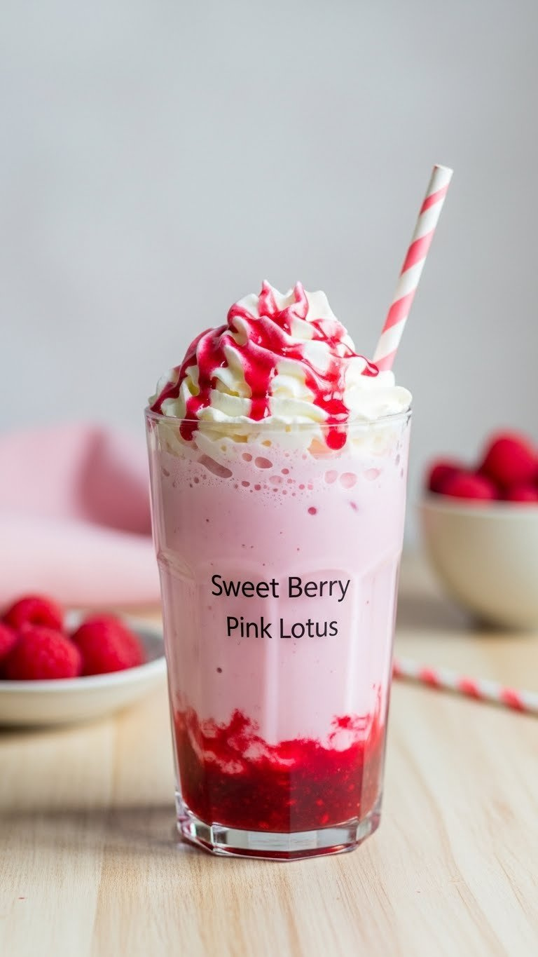 Pastel Pink Pink Lotus Energy Drink Topped With Whipped Cream And Berry Syrup On Light Wooden Table