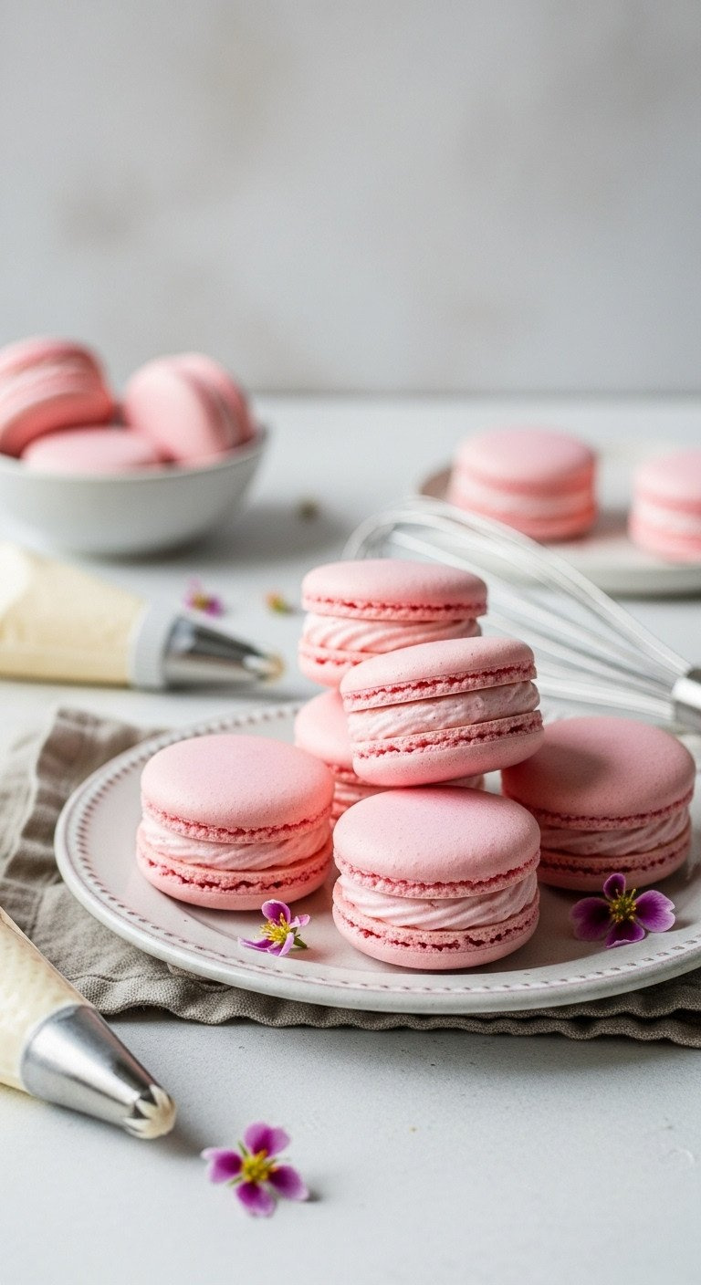Pastel Pink Gluten-Free Almond Flour Macarons With Strawberry Buttercream Filling, Arranged On A Vintage Plate.