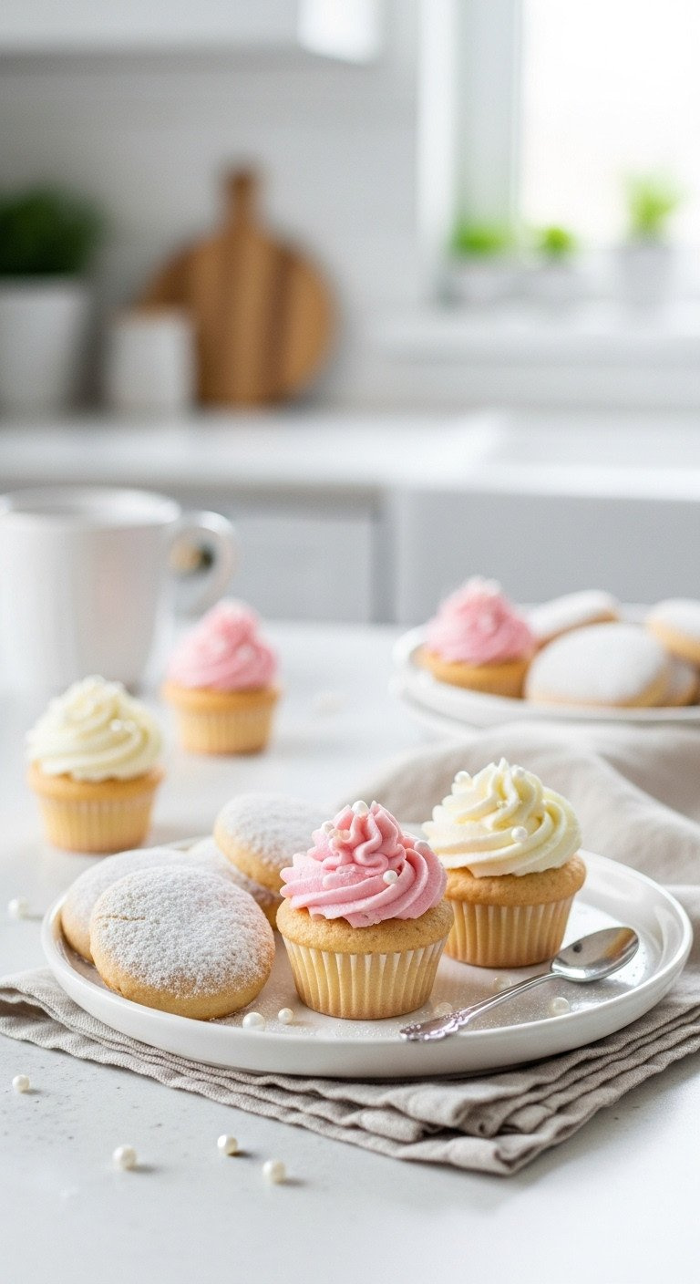 Pastel Pink &Amp; White Mini Cupcakes And Sugar Cookies Dusted With Powdered Sugar, Adorned With Edible Pearls On A White Plate.
