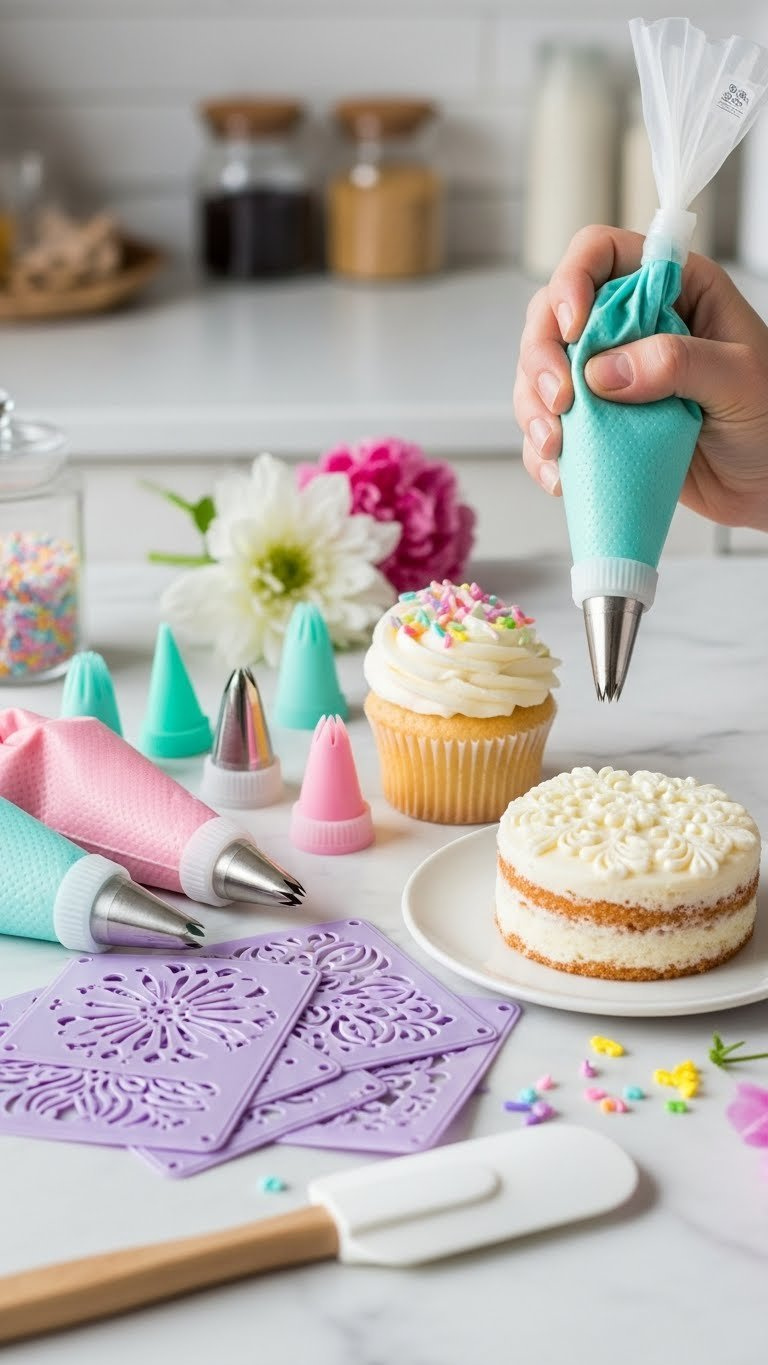 Pastel Piping Bags With Decorative Tips And Cake Stencils Arranged With Frosted Cupcakes On Marble Surface