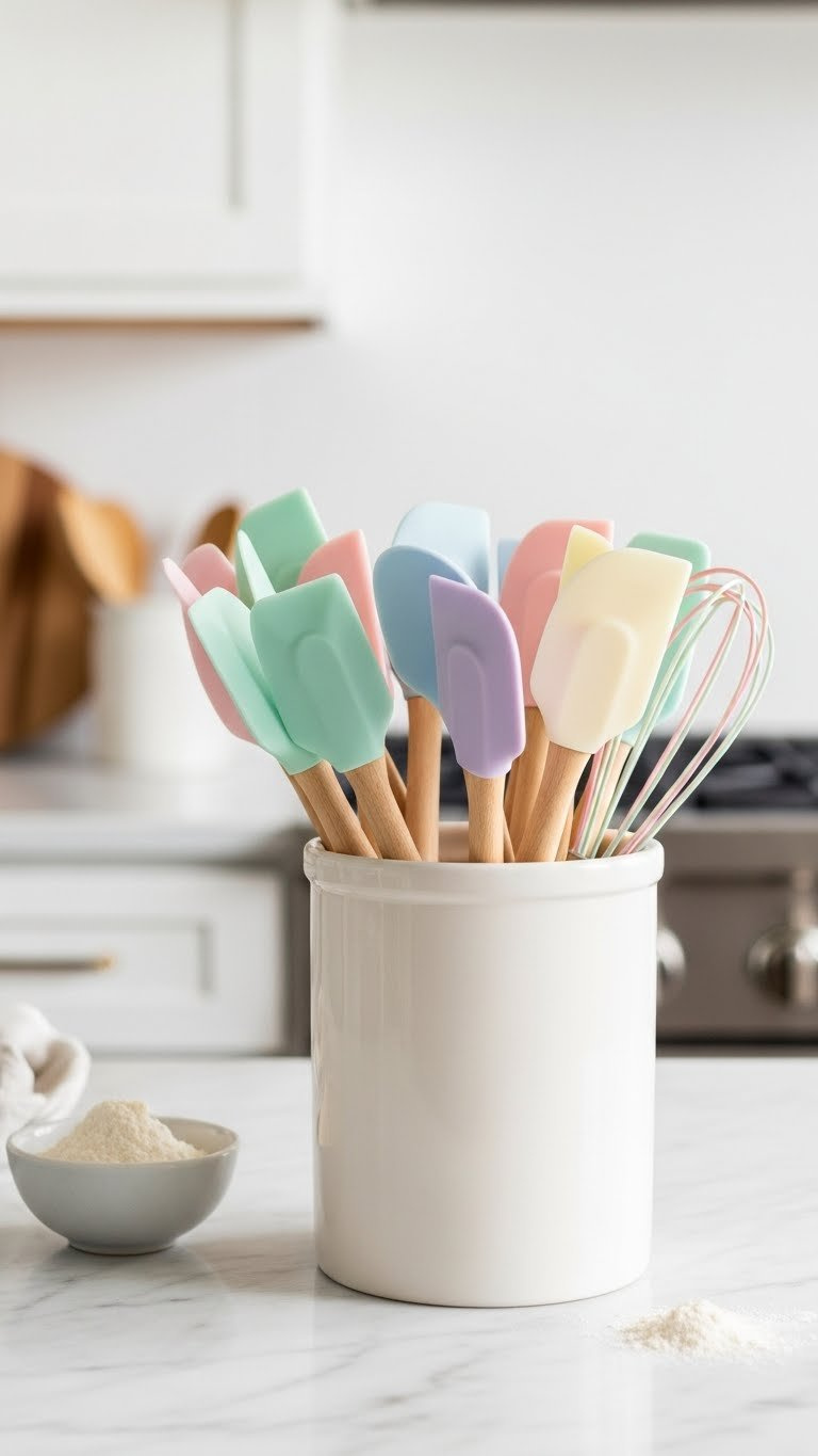 Pastel Silicone Spatula Set Arranged In White Ceramic Crock On Marble Countertop With Soft Bokeh Kitchen Background