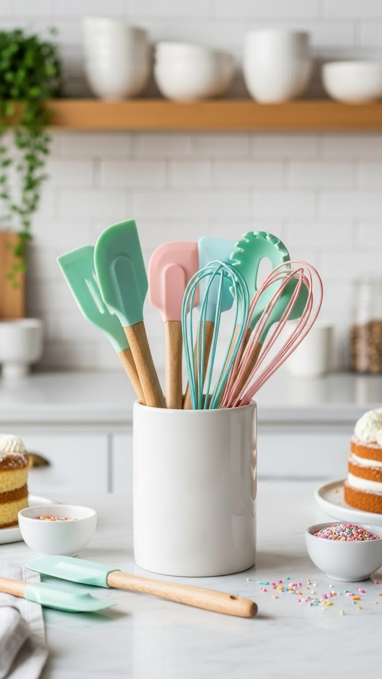 Pastel Silicone Spatulas And Whisks Displayed On Marble Countertop With Kitchen Utensils And Baking Ingredients