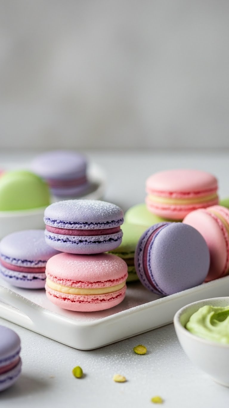 Pastel Vegan Macarons In Lavender, Pistachio, Pink With Perfect 'Feet' On White Ceramic Tray, Powdered Sugar. Elegant Plant-Based Dessert.