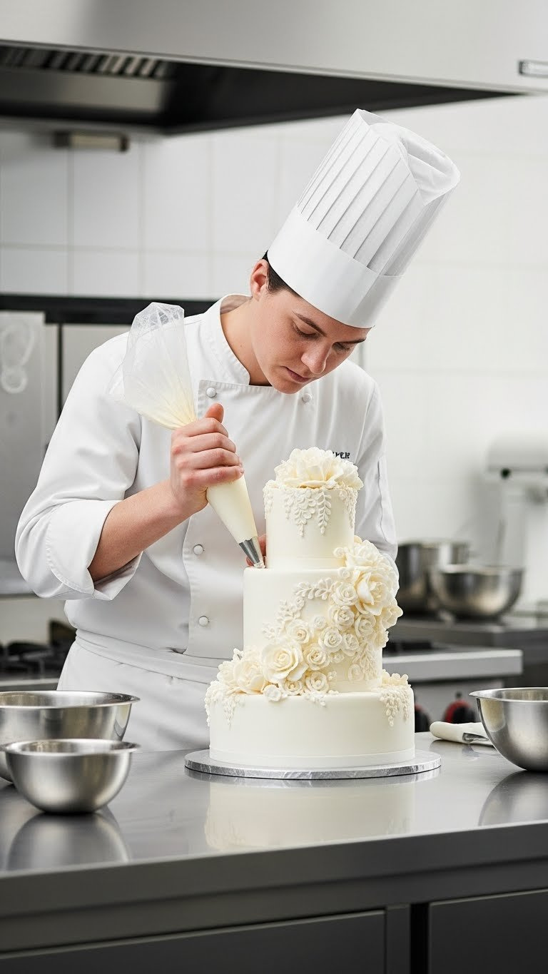 Pastry Chef Piping Decorations On Multi-Tiered Wedding Cake In Professional Kitchen Setting