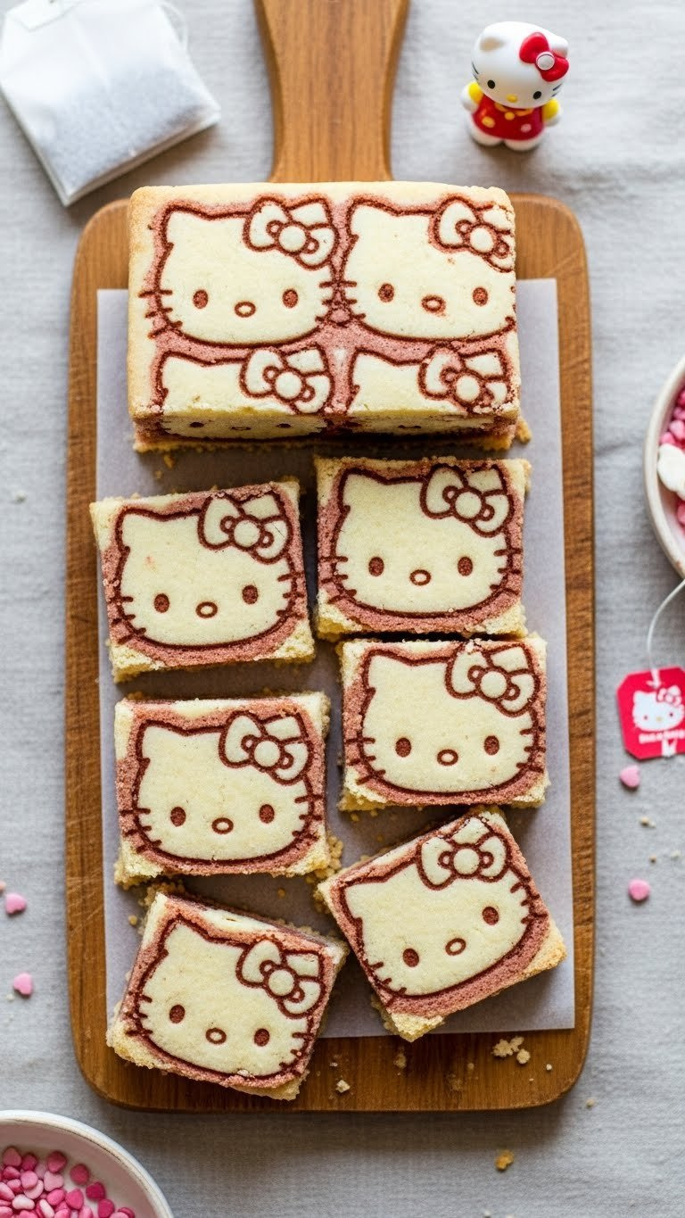 Patterned Hello Kitty Shortbread Bars With Intricate Face Designs On Rustic Wooden Cutting Board With Linen Tablecloth Background.