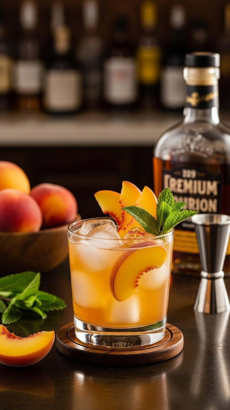 Peach Bourbon Cooler With Peach Fan Garnish On Dark Coaster In Upscale Home Bar Setting