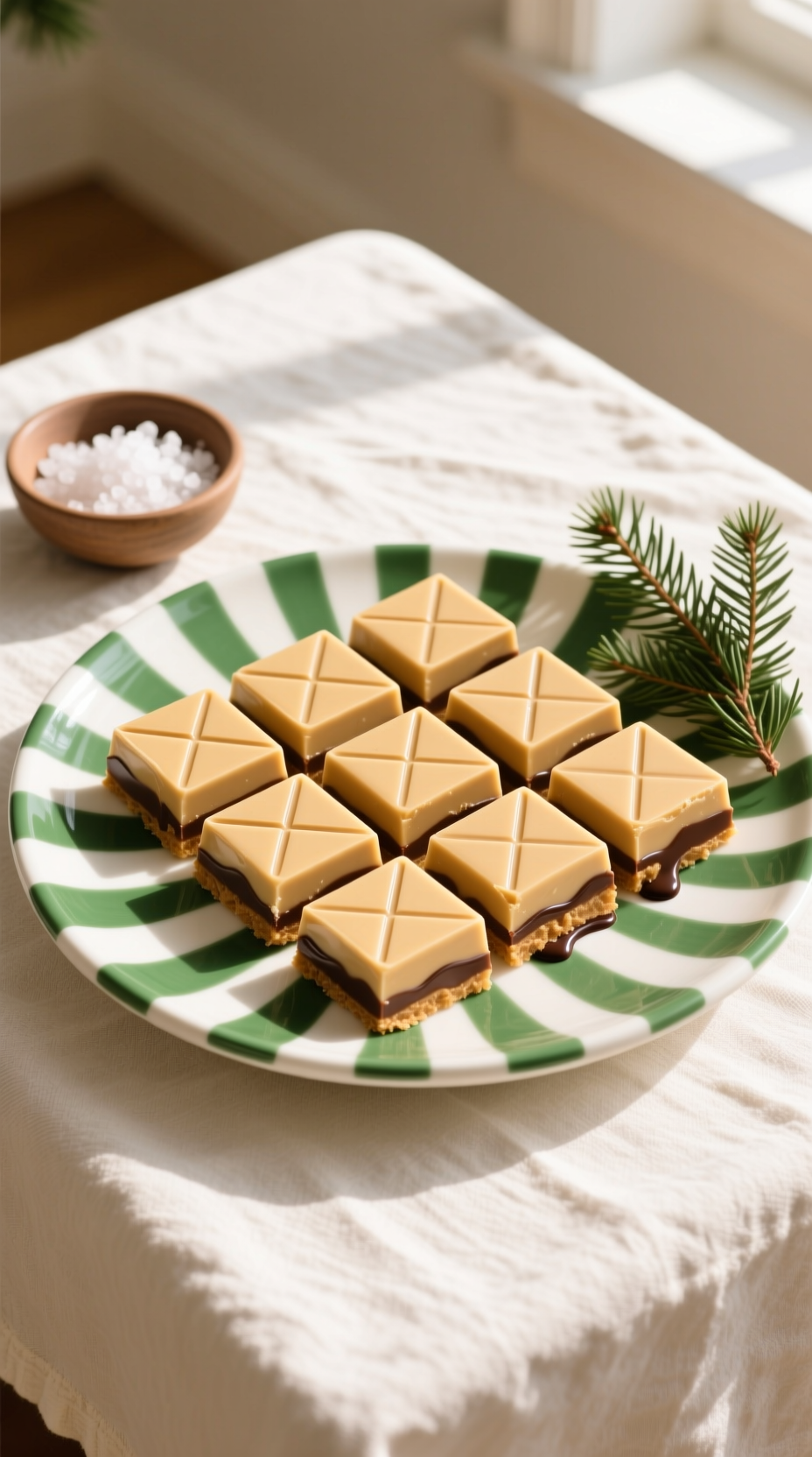 Peanut Butter Fudge Squares, Creamy Tan, On Green Striped Holiday Platter With Sea Salt And Cedar Greenery, Linen Tablecloth.
