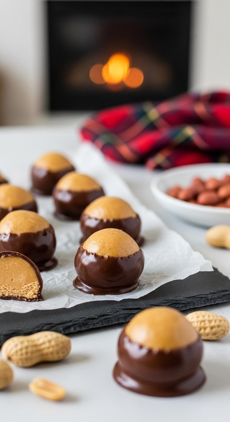 Peanut Butter Buckeye Balls Dipped In Dark Chocolate, Arranged On Parchment Paper For A Delicious Holiday Candy Recipe.