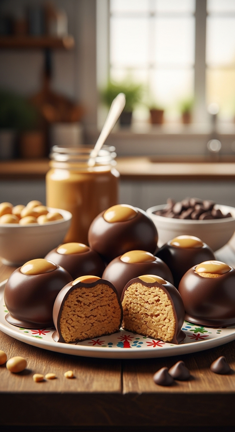 Peanut Butter Buckeyes Partially Dipped In Dark Chocolate On A Festive Serving Dish With Peanut Butter And Chocolate Chips