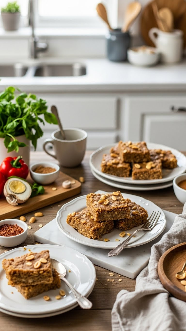 Peanut Butter Oatmeal Bars On Linen Tablecloth
