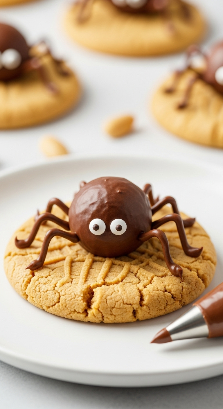 Peanut Butter Spider Cookie With A Chocolate Truffle Body Piped Legs And Candy Eyeballs On A White Plate