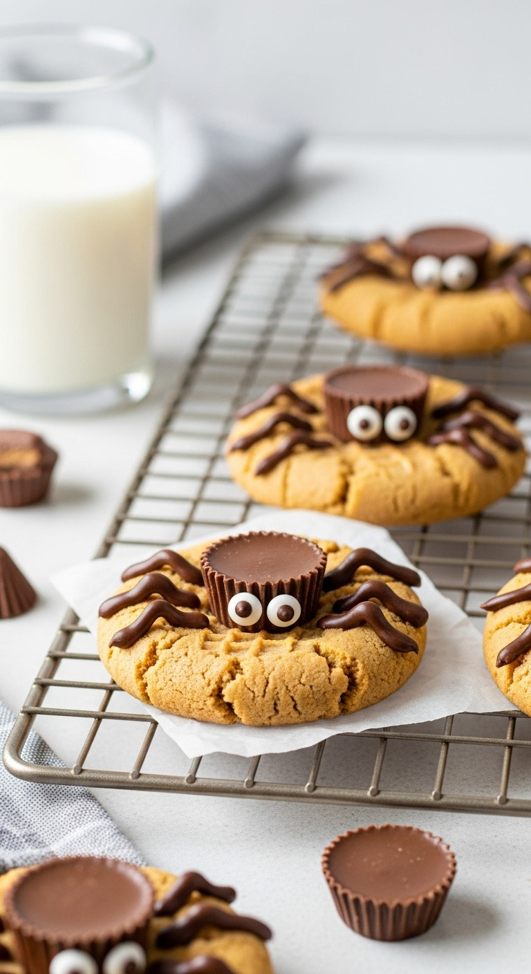 Peanut Butter Spider Cookie With A Peanut Butter Cup Body Candy Eyeballs And Chocolate Icing Legs On A Cooling Rack