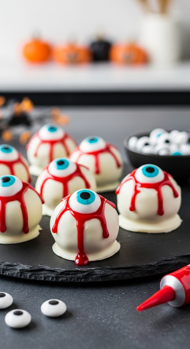 Peanut Butter Zombie Eyeballs With White Chocolate Red Gel Frosting And Candy Eyeballs On A Dark Slate Platter