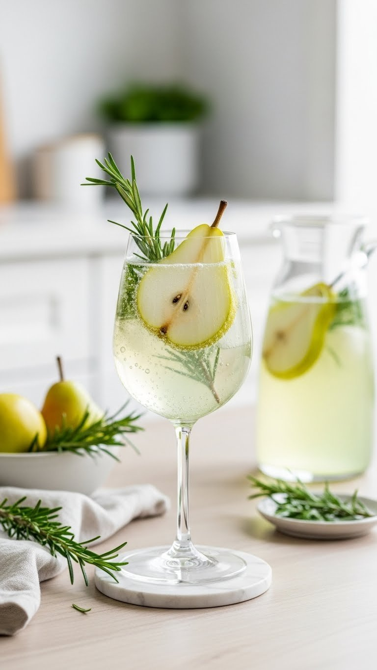 Pear Rosemary Spritzer In Tall Glass With Pear Slices And Fresh Rosemary Sprigs On Wood Surface