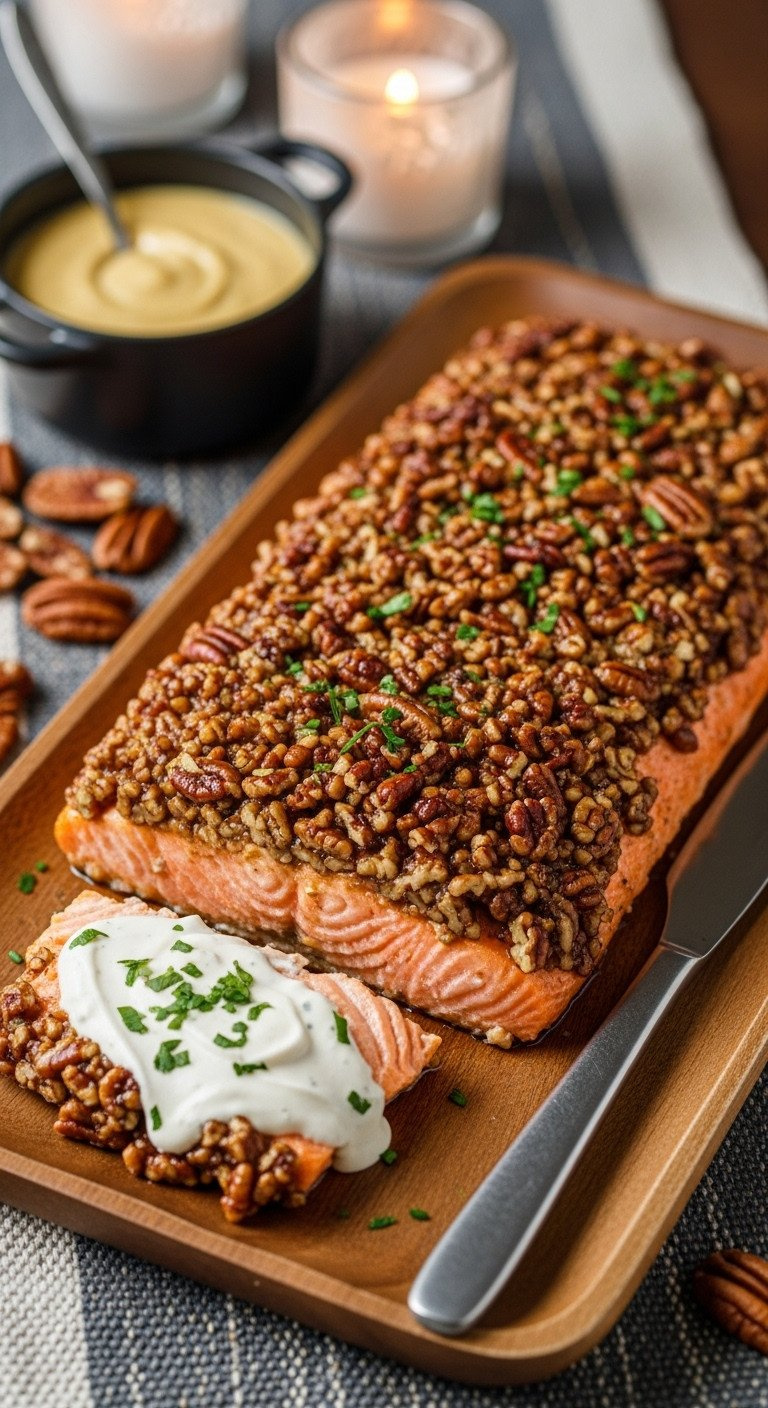 Pecan Crusted Salmon, Golden With Maple Glaze, Creamy White Sauce, And Fresh Herbs On A Wooden Platter.