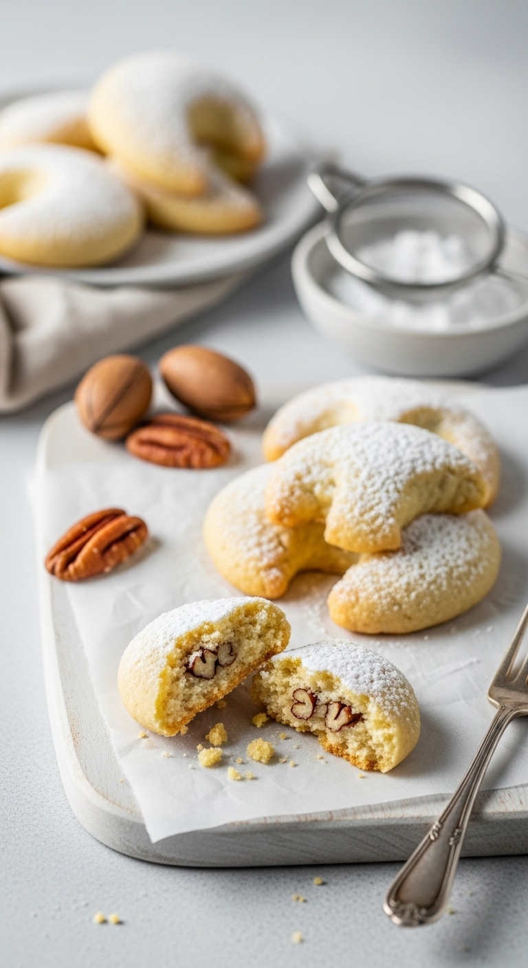 Pecan Sandies Shortbread Cookies Dusted With Powdered Sugar With One Broken Revealing Crumbly Interior On Parchment Paper With Pecans