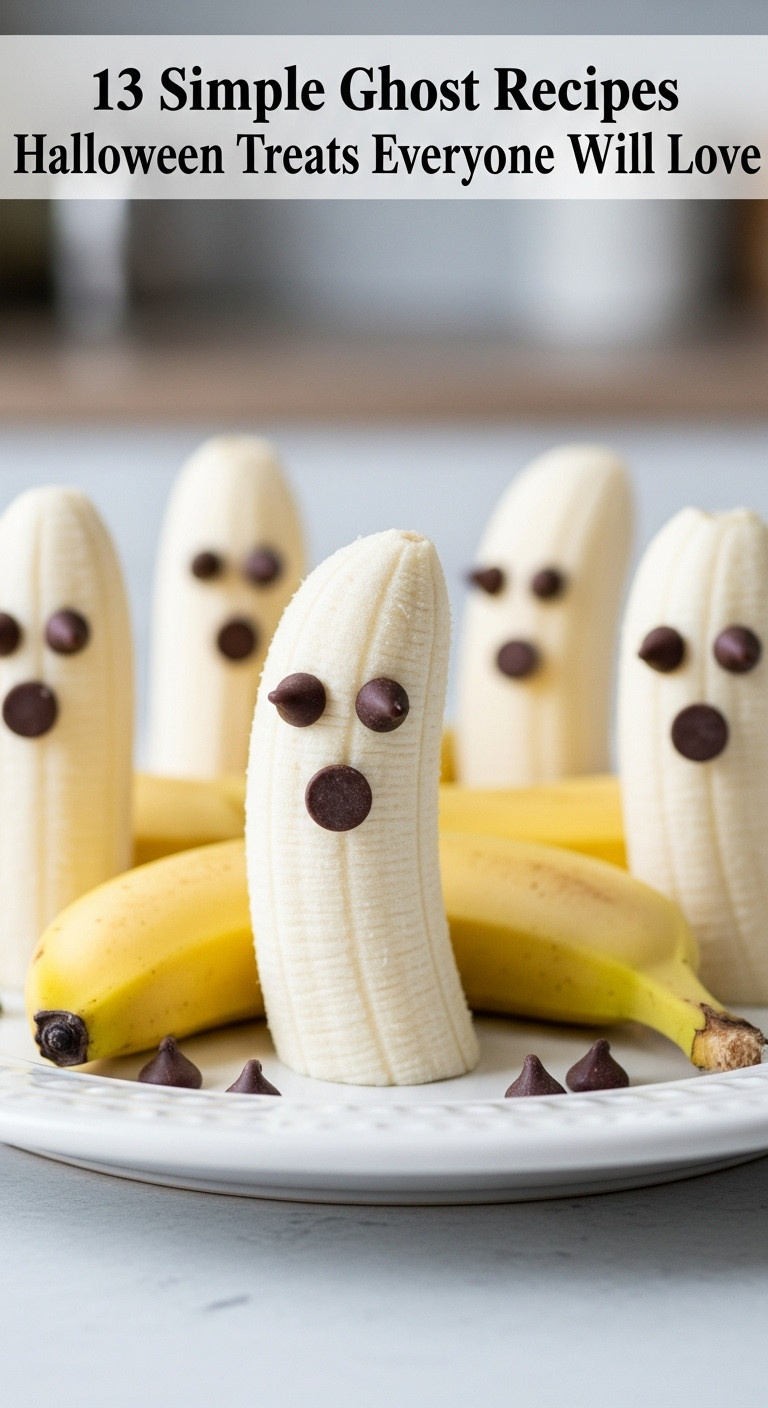 Peeled Banana Halves Decorated With Chocolate Chips As Eyes And Mouth Creating Healthy Ghost Figures On A White Platter