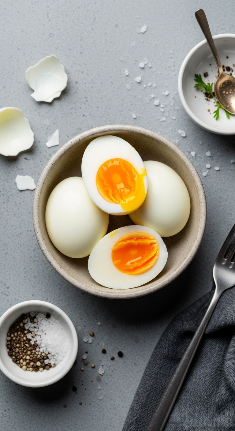 Peeled Hard-Boiled Eggs In A Ceramic Bowl With One Sliced In Half Showing Yellow Yolk On A Gray Slate Background With Salt And Pepper