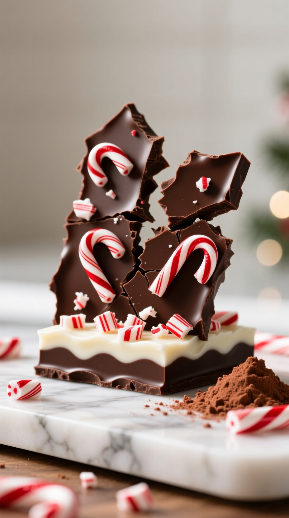 Peppermint Chocolate Bark Pieces With Dark &Amp; White Chocolate Layers, Vibrant Crushed Candy Canes On Marble Countertop.