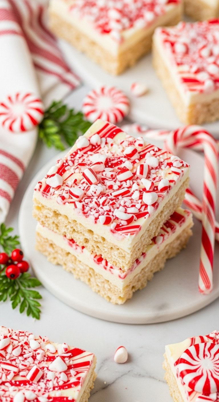 Peppermint Bark Rice Krispie Squares With White &Amp; Red Chocolate, Crushed Candy Canes On White Marble Countertop.
