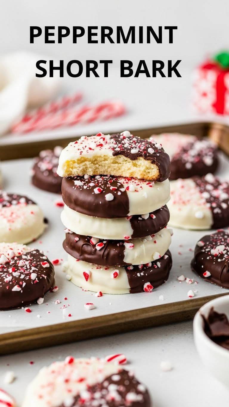Peppermint Bark Shortbread Cookies Dipped In Chocolate, Speckled With Crushed Peppermint. Festive Holiday Dessert On Baking Sheet.