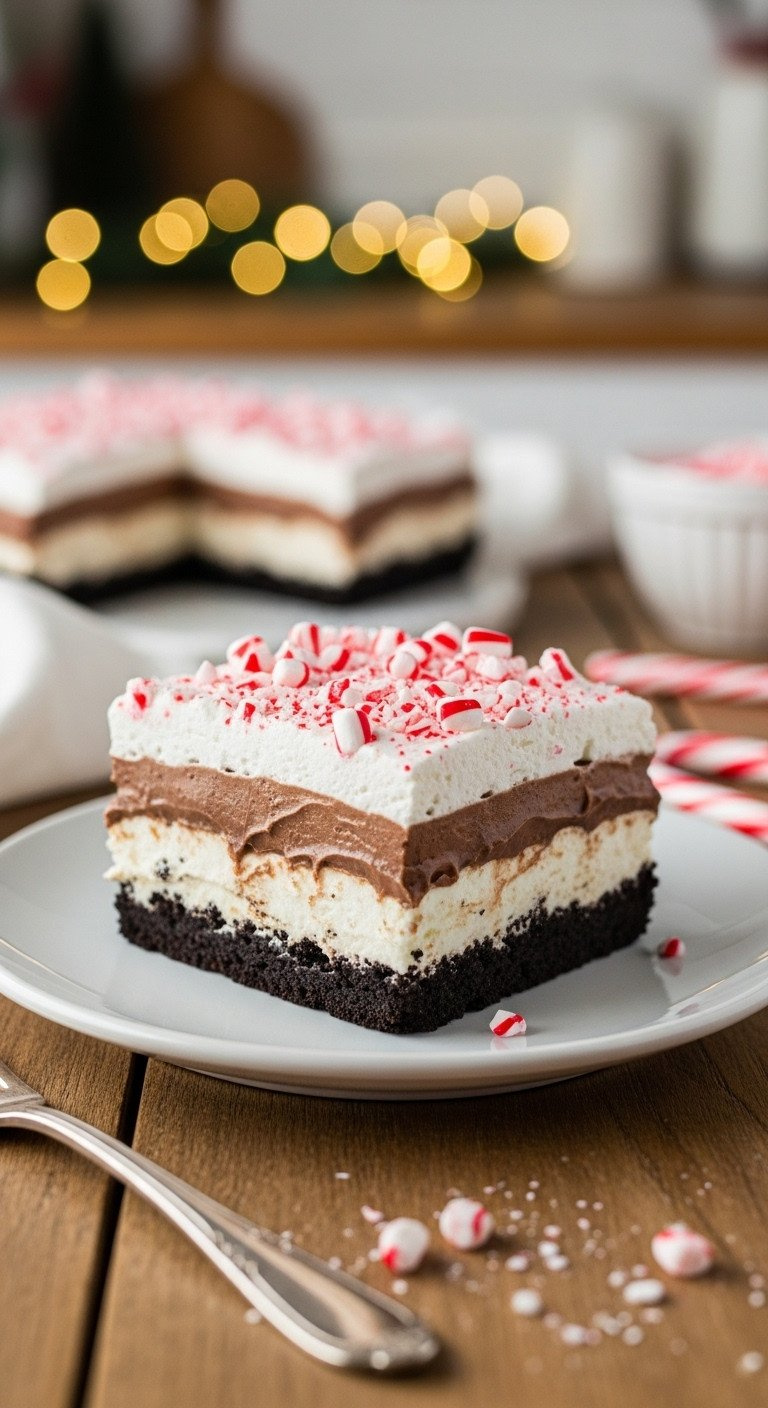 Peppermint Chocolate Lasagna Slice. Oreo Crust, Peppermint Cream, Chocolate Pudding, Whipped Topping, Candy Canes.