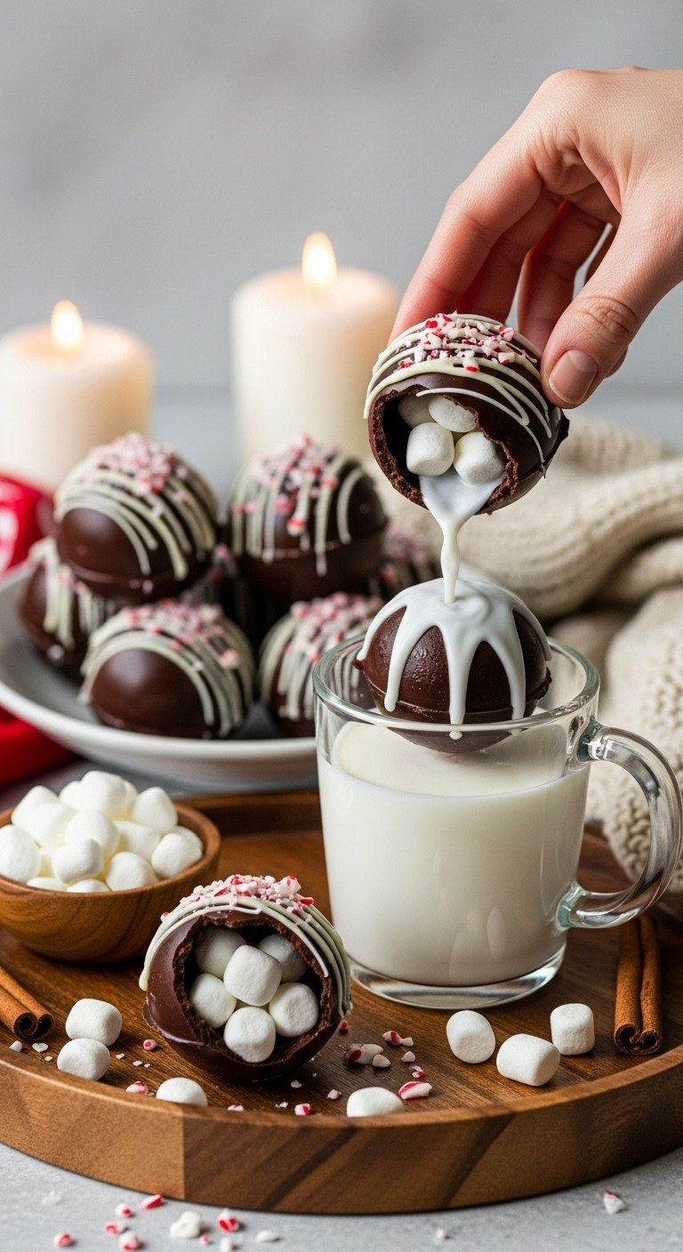 Peppermint Hot Cocoa Bomb Dissolving In A Mug Of Hot Milk, Releasing Mini Marshmallows For A Cozy Holiday Drink.