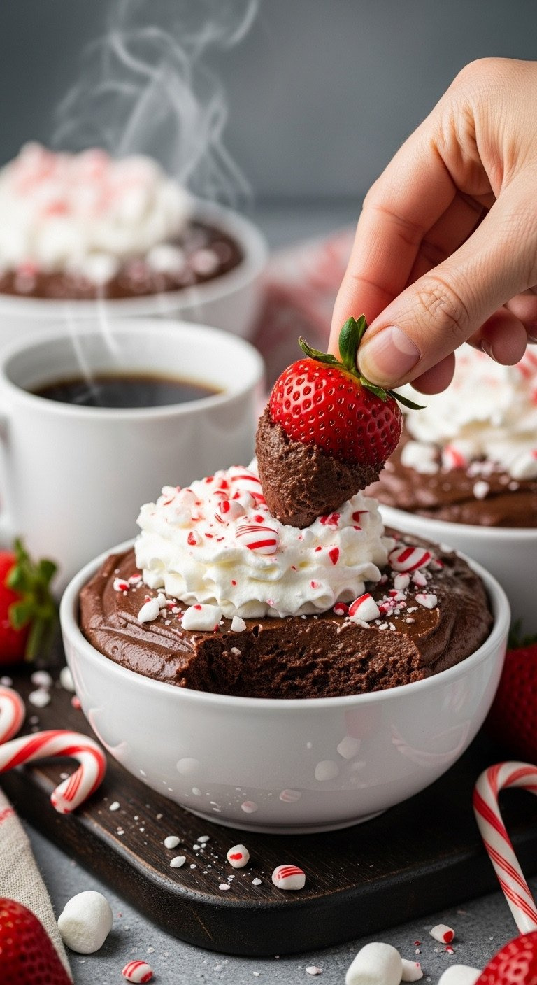 Peppermint Mocha Brownie Dip With Whipped Cream, Crushed Candy Canes, And Strawberry. Decadent Fudgy Holiday Dessert.