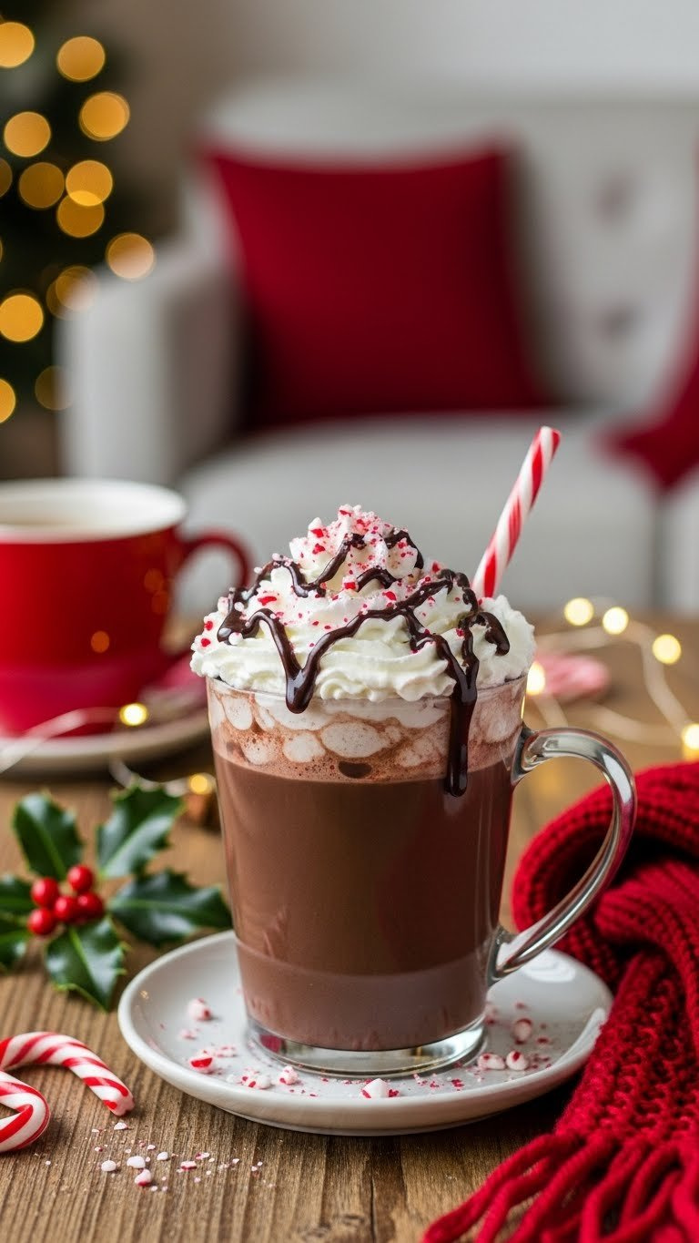 Peppermint Mocha Hot Chocolate In Holiday Mug With Whipped Cream And Candy Cane Garnish On Rustic Table
