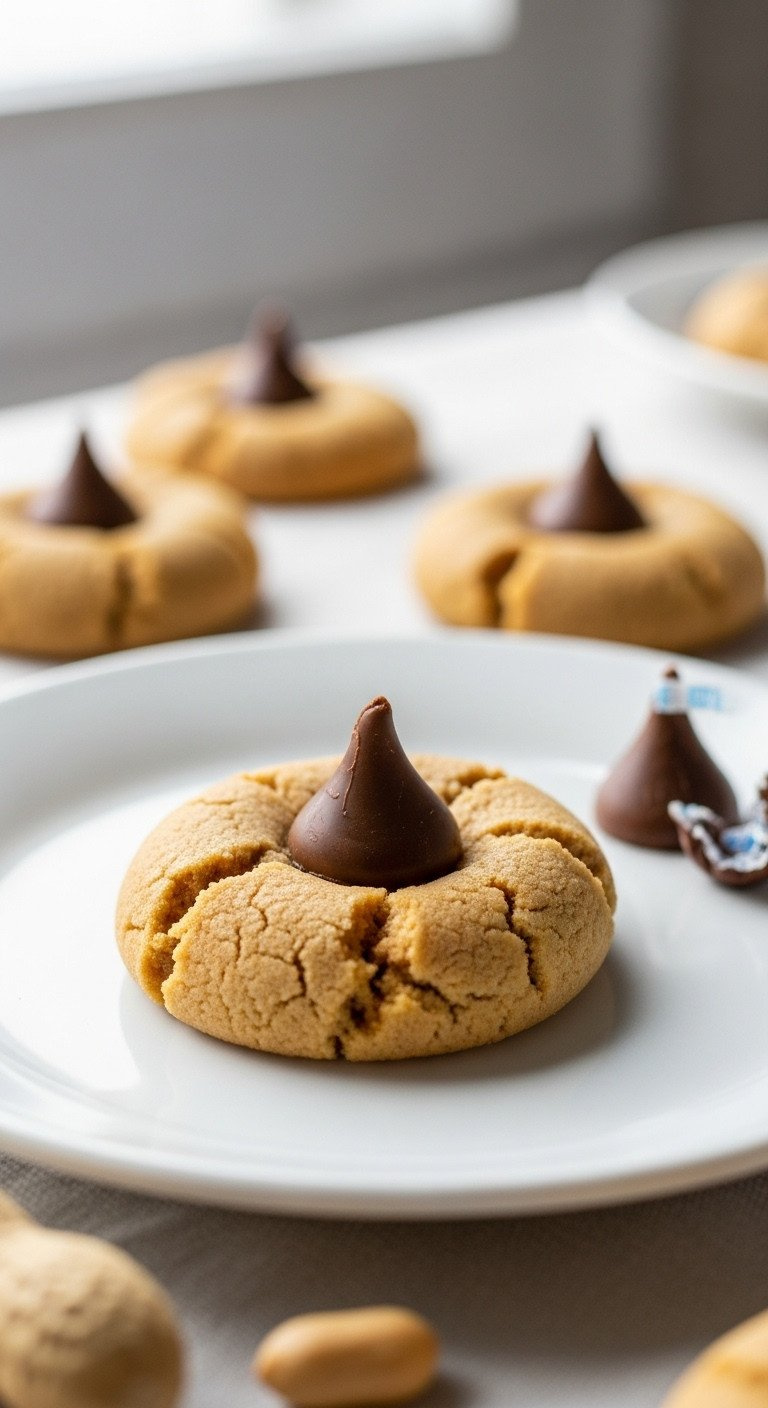Perfect Peanut Butter Blossom Cookie With A Hershey's Kiss Center On A White Plate, Shelled Peanuts, Chocolate Kiss Nearby.