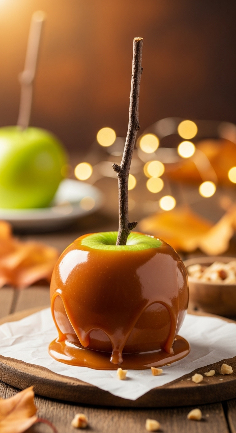 Perfect Glossy Caramel Apple With A Rustic Twig Stick And Slight Drip, On Parchment Paper. Delicious Fall Festival Treat.
