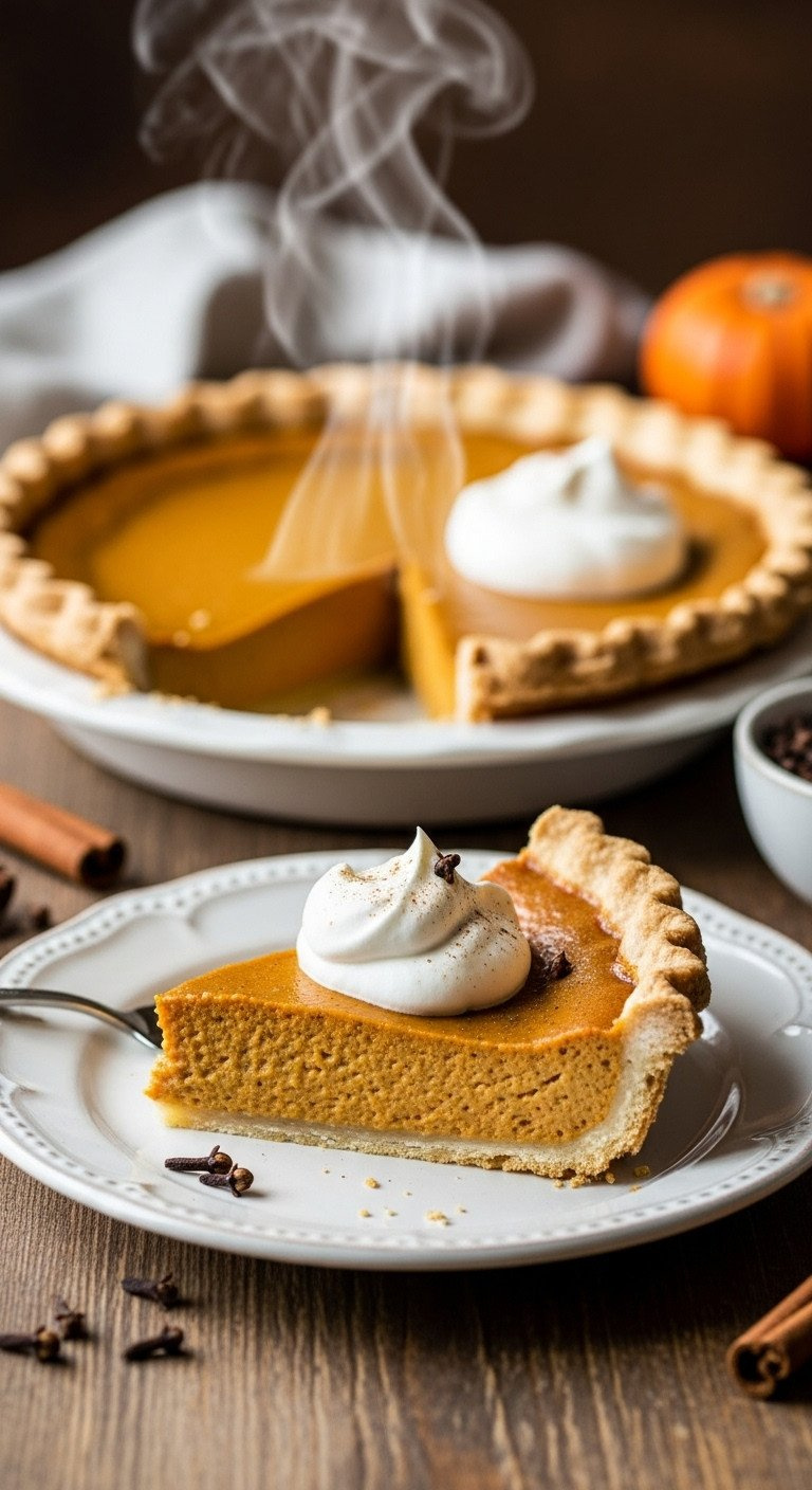 Perfect Gluten-Free Pumpkin Pie Slice With Vibrant Orange Custard Filling, Flaky Almond Crust, Whipped Cream On A Rustic Thanksgiving Table. Ideal Fall Dessert Recipe.