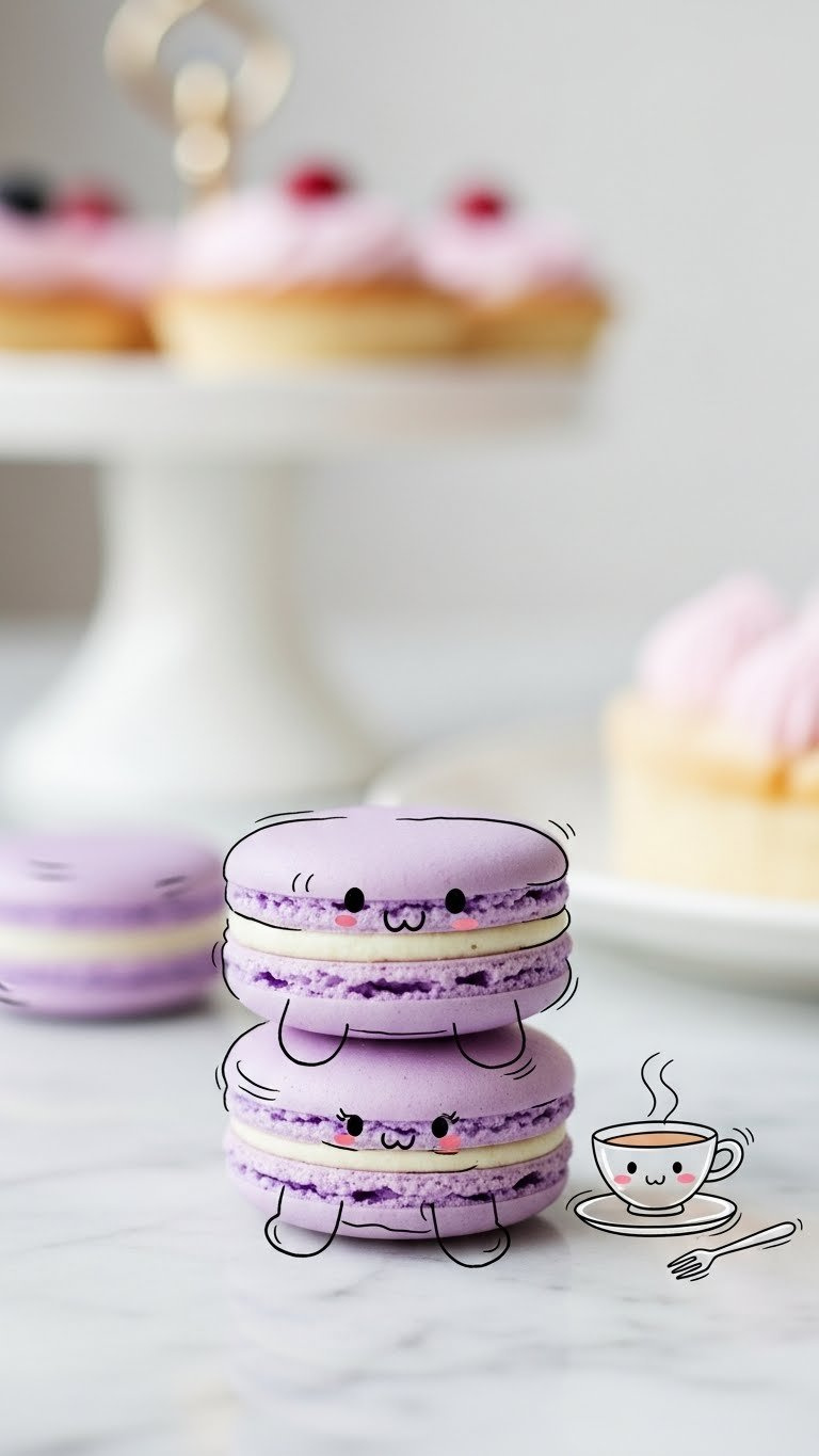 Perfect Macaron Doodle With Smooth Shells On Marble Countertop, Featuring Tea Cup And Dessert Fork Details
