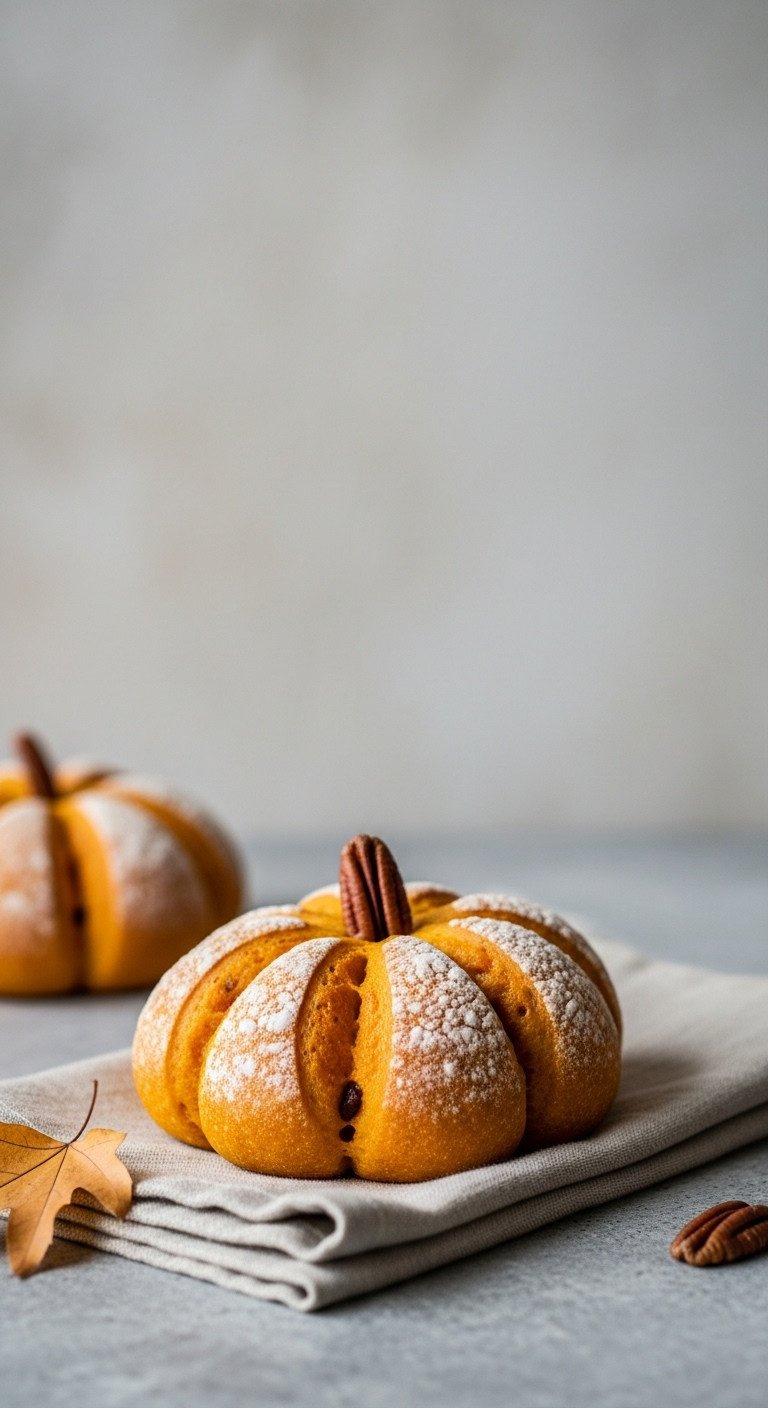 Perfect Pumpkin-Shaped Dinner Roll With A Pecan Stem On A Festive Linen Napkin, Elegant Fall Baking Presentation.