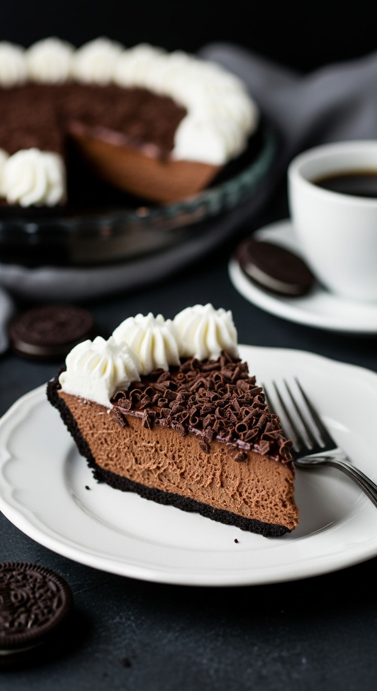 Perfect Slice Of Classic Chocolate Silk Pie With Oreo Crust, Rich Filling, Whipped Cream Rosettes, And Chocolate Shavings.