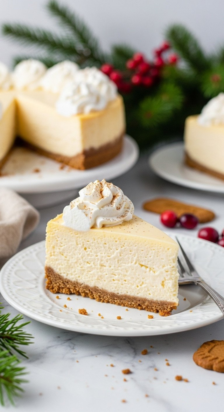 Perfect Slice Of Creamy Eggnog Cheesecake With A Gingersnap Crust And Whipped Cream On A White Plate For A Holiday Dessert Recipe.