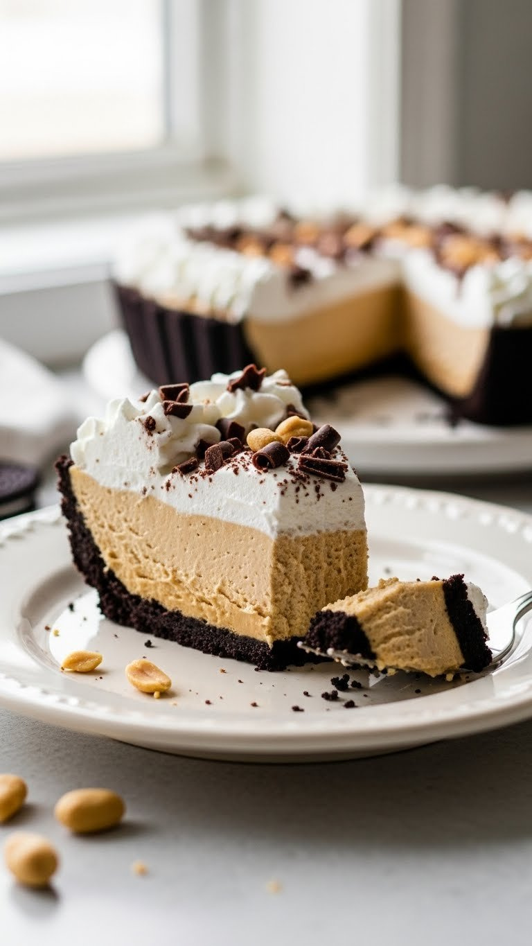 Perfect Slice Of Creamy No-Bake Peanut Butter Pie With Whipped Cream, Chocolate Crust On Vintage Plate, Wooden Counter.