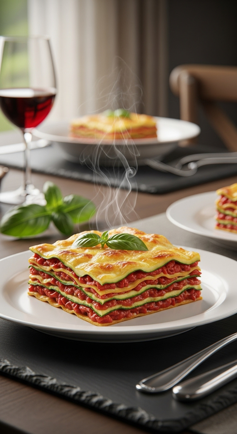 Perfect Slice Of Golden Brown Zucchini Lasagna With Bubbly Cheese And Steam On A White Plate With No Water