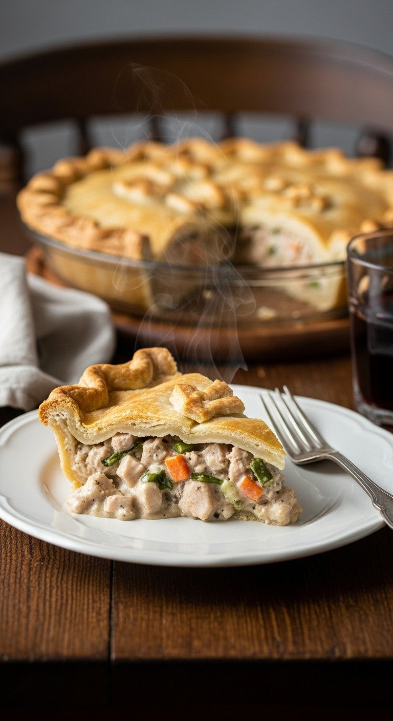 Perfect Slice Of Turkey Pot Pie On A Vintage Ceramic Plate, Showing Creamy Filling, Flaky Crust, And Steam.