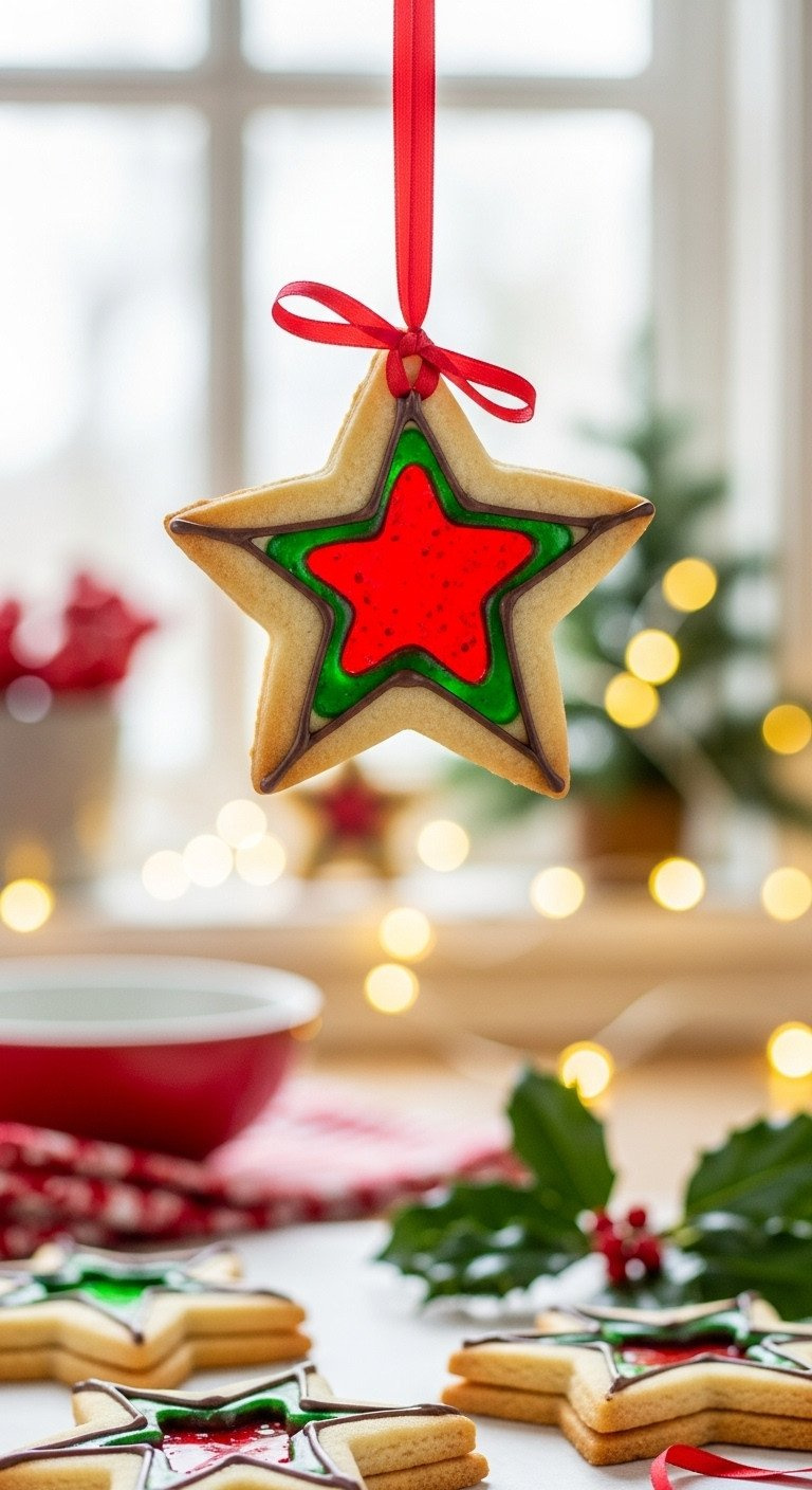 Perfect Star-Shaped Stained Glass Window Cookie With Red And Green Candy Center, Hanging From A Red Ribbon For Festive Holiday Dessert.