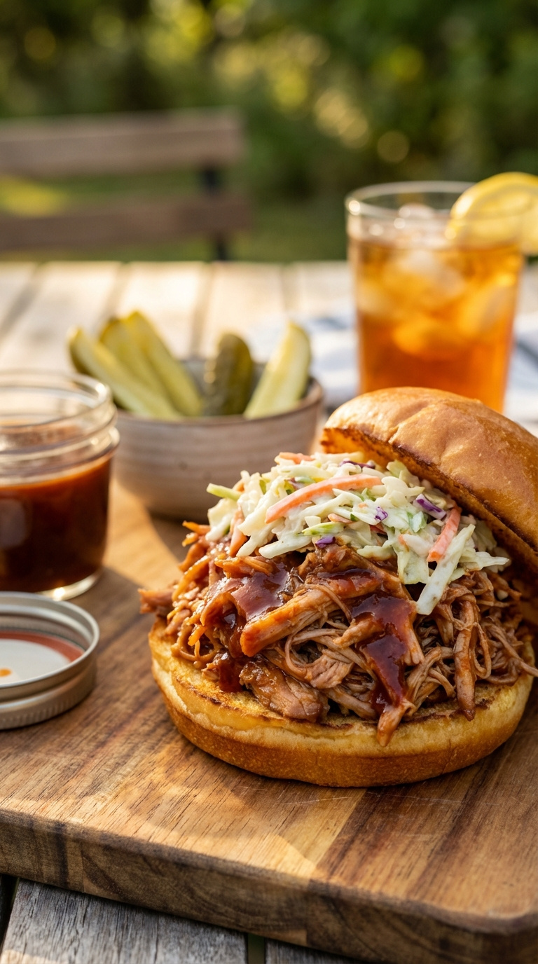 Perfectly Assembled Pulled Pork Sandwich With Juicy Shredded Pork On Toasted Brioche Bun Topped With Creamy Coleslaw.