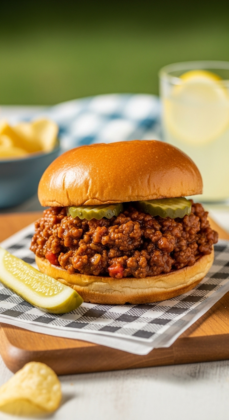 Perfectly Assembled Slow Cooker Sloppy Joe On A Brioche Bun With A Pickle Spear Potato Chips And Lemonade On A Wooden Board
