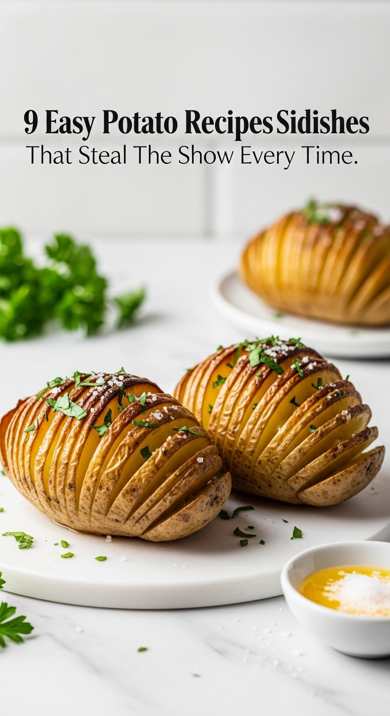 Perfectly Baked Hasselback Potatoes With Crispy Edges And Fresh Parsley On A White Marble Countertop With Garlic Butter And Sea Salt
