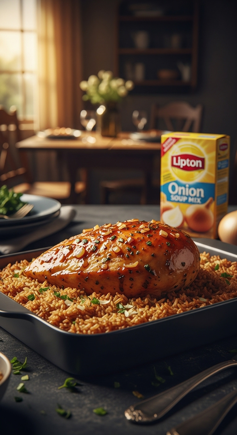 Perfectly Baked Chicken Breast With Savory Onion Flecked Glaze On Fluffy Rich Brown Rice In A Baking Dish