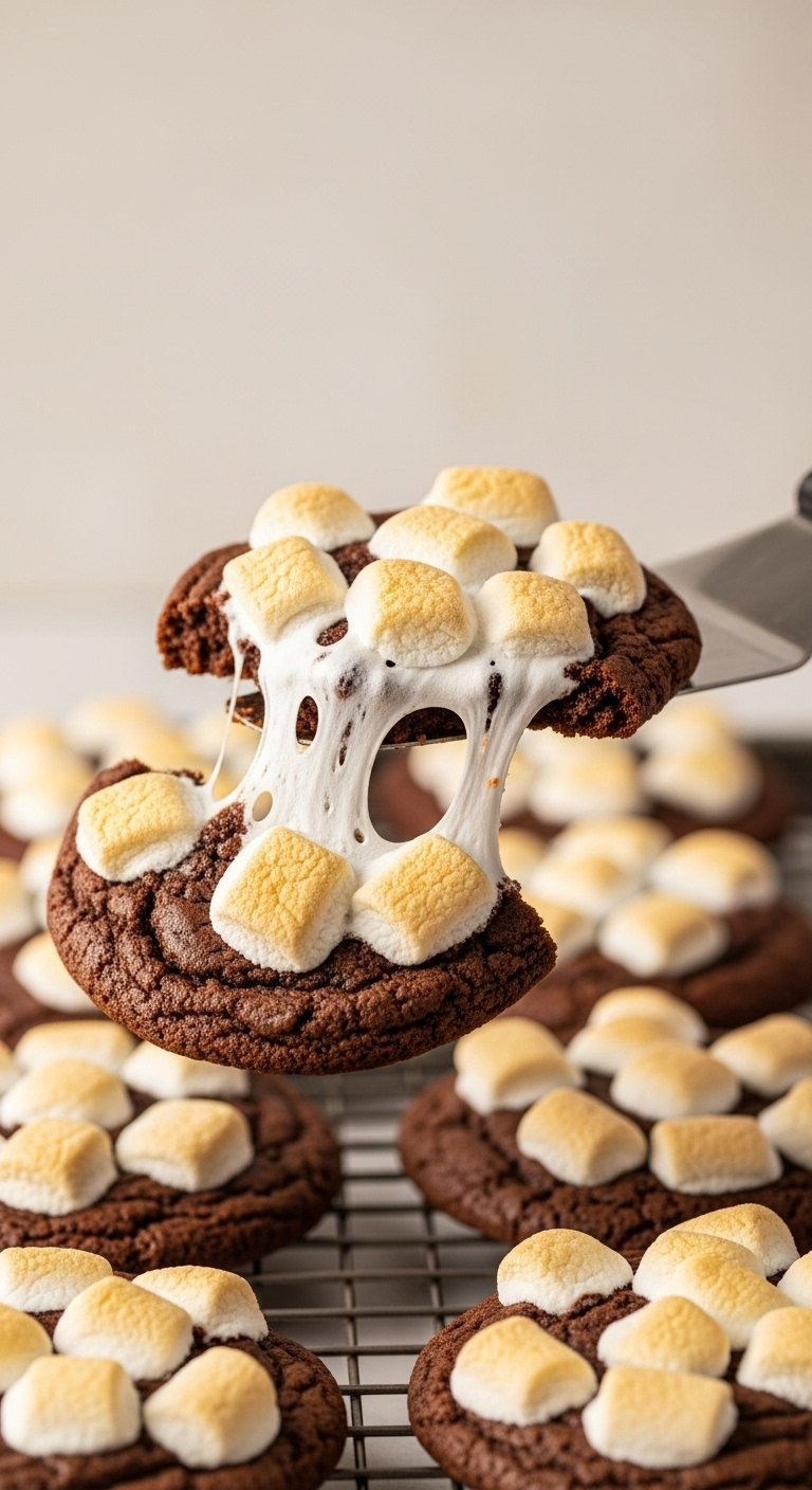 Perfectly Baked Chocolate Marshmallow Swirl Cookie Being Lifted With A Spatula Showing A Gooey Marshmallow Stretch.
