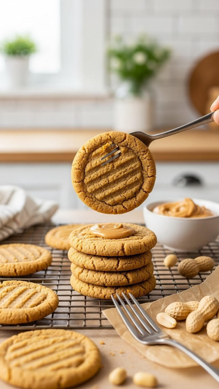 Perfectly Baked Flourless Peanut Butter Cookies With Fork Marks On Cooling Rack With Natural Lighting
